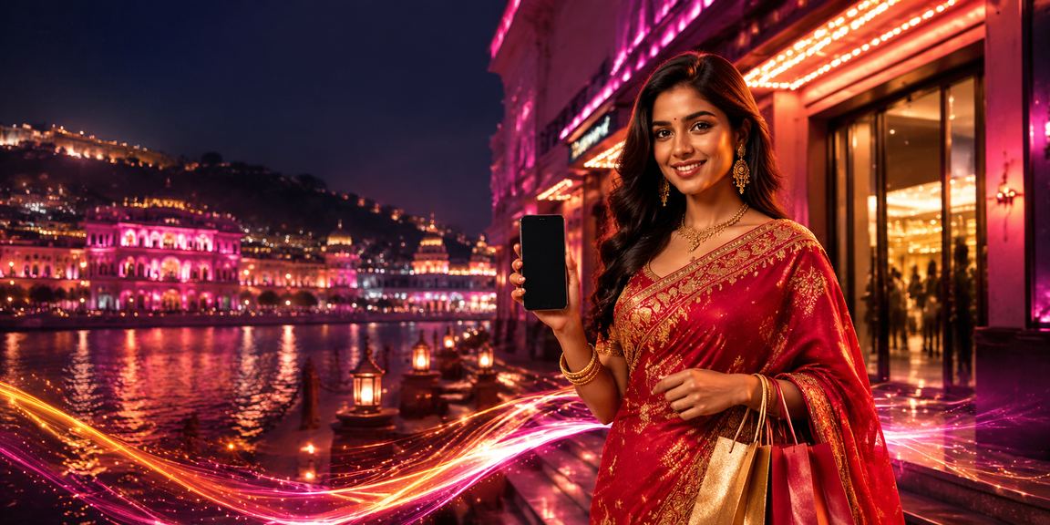 Woman playing casino app on mobile in traditional sari, Jaipur